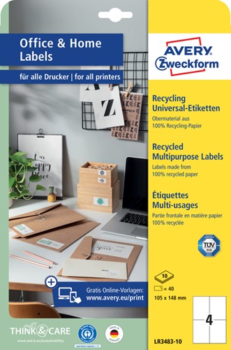 Etiket Avery LR3483-10 105x148mm recycled wit 40 stuks