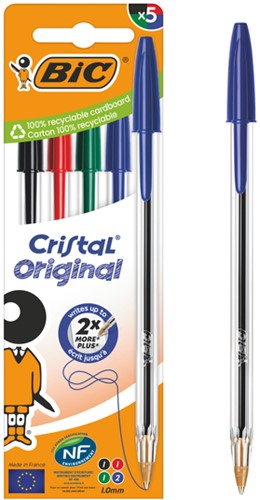 Balpen Bic Cristal medium assorti blister à 5 stuks-2
