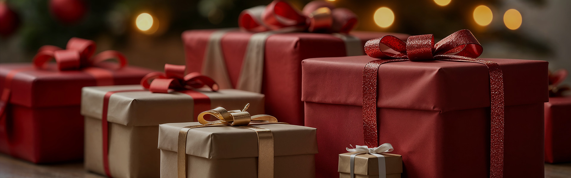 Kerstpakketten van Datas Kantoor Kompleet, feestelijk ingepakt met rode en gouden strikken.