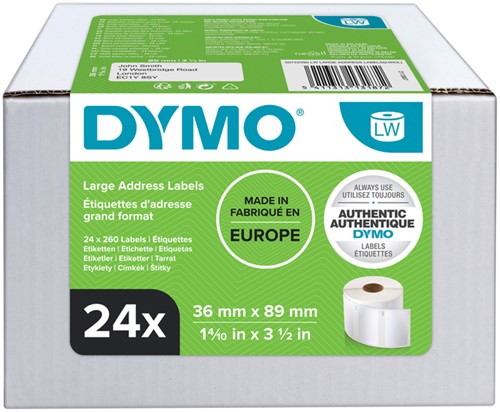 Etiket Dymo LabelWriter adressering 36x89mm 24 rollen á 260 stuks wit S0722390-2