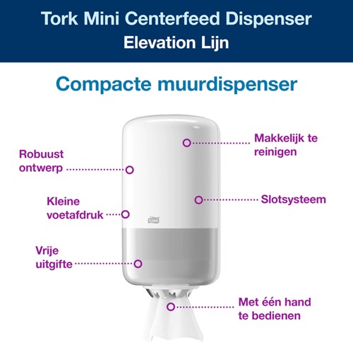 Poetspapierdispenser Tork M1 Elevation klein wit 558000-2