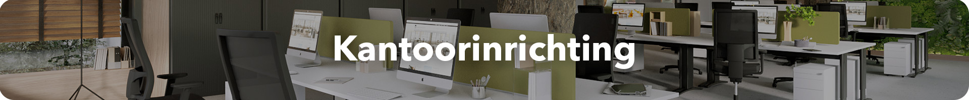 Kantoorinrichting met bureaus, bureaustoelen, kasten en whiteboards