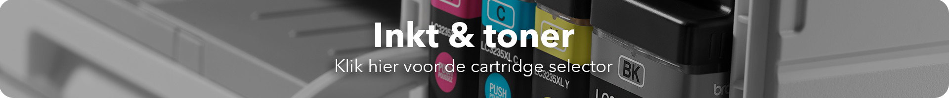 Inktcartridges en tonercartridges van verschillende printermerken op een rij